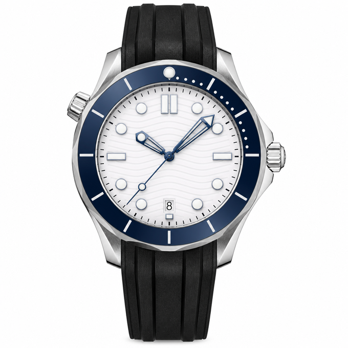 42mm Diver Style Watch Blue Bezel Black Rubber Strap