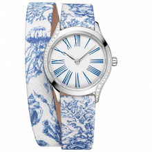 Women's Dress Watch with Blue Roman Numerals and Patterned Fabric Strap